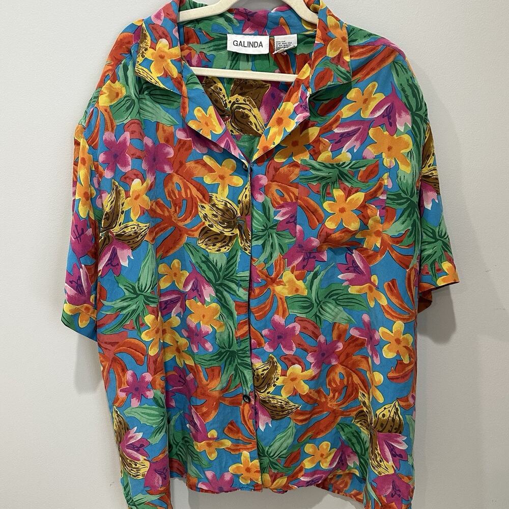 Vtg 80's Galinda Wang Floral Vacation Blouse and Skirt Set 100% Silk Size 3X‎
